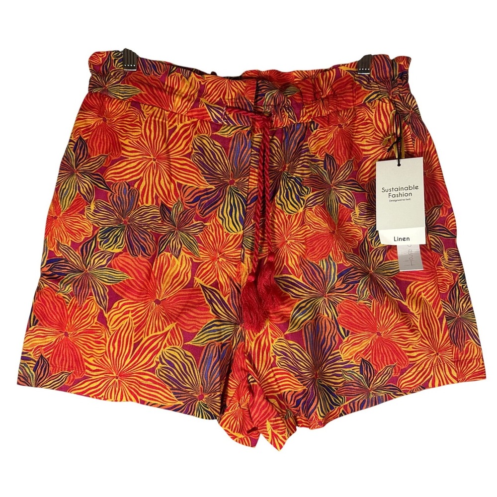 House of Harlow NWT Tropical Linen Paperbag Shorts Sz M Drawstring‎ Elastic Vaca